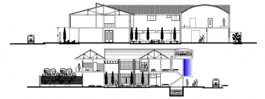 Front and back sectional drawing details of general hospital building dwg file