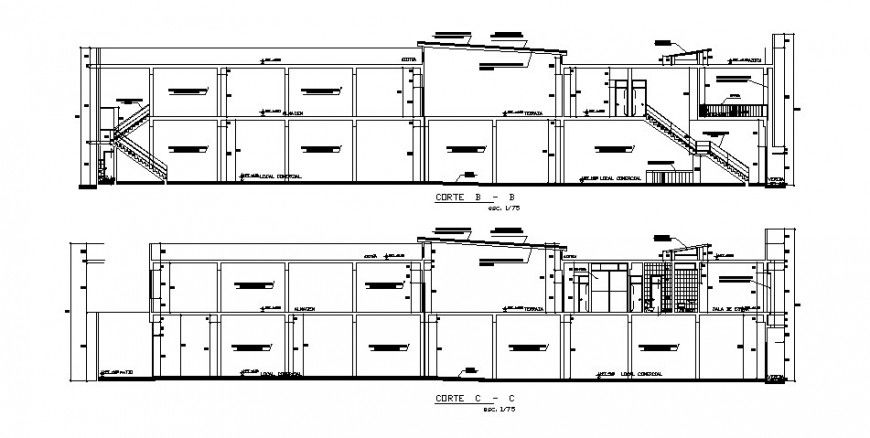 Front and back sectional drawing details of local commercial building dwg file