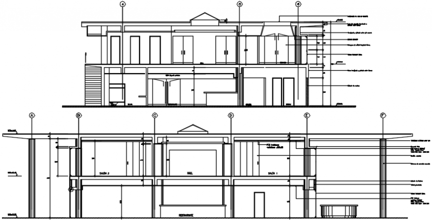 Front and back sectional drawing details of luxuries club house dwg file