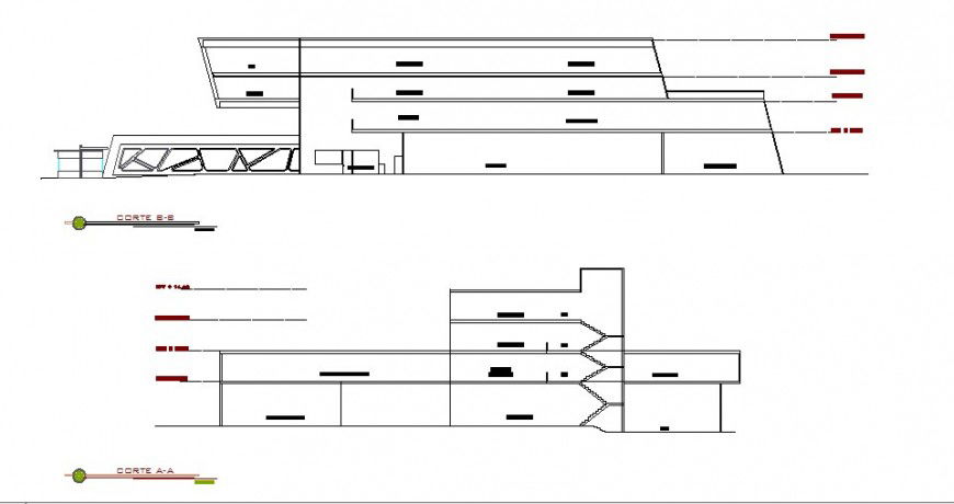 Front and back sectional drawing details of multi-level hospital building dwg file