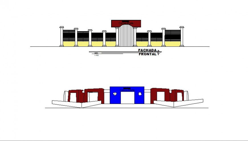Front and isometric elevation drawing details of school building dwg file