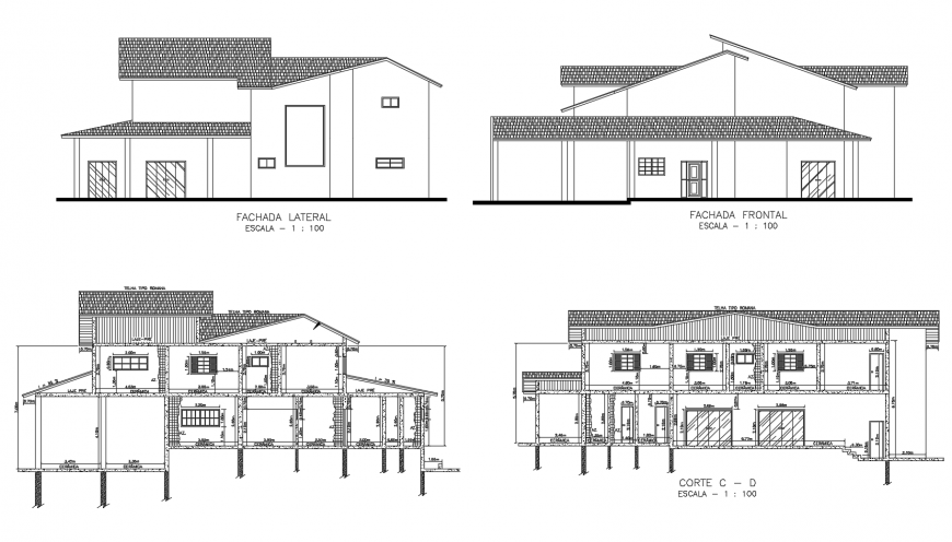 Front and lateral elevation and section details of house dwg file