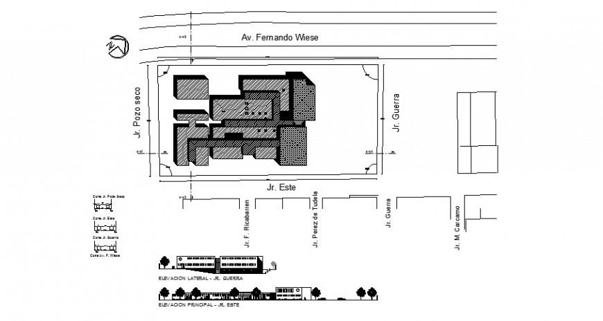 Front and lateral elevation and site plan and distribution plan of hospital dwg file