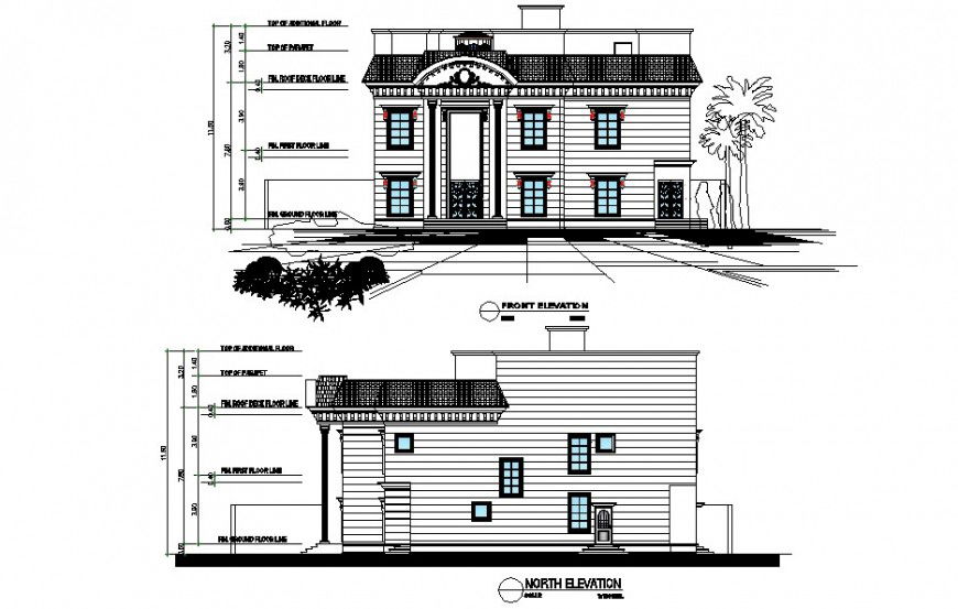 Front and north elevation details of two story villa dwg file