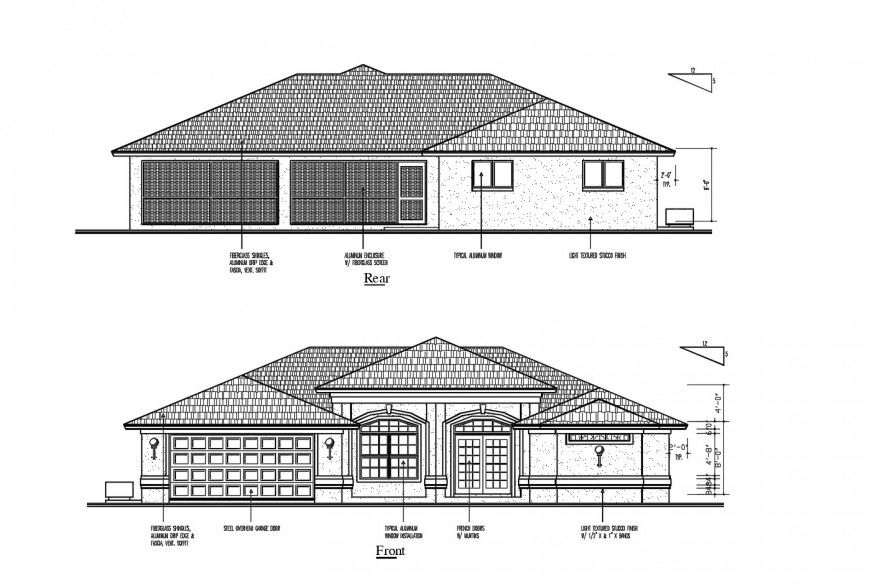 Front and rear elevation details of cottage house cad drawing details dwg file