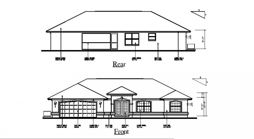 Front and rear elevation drawing details of roof house dwg file