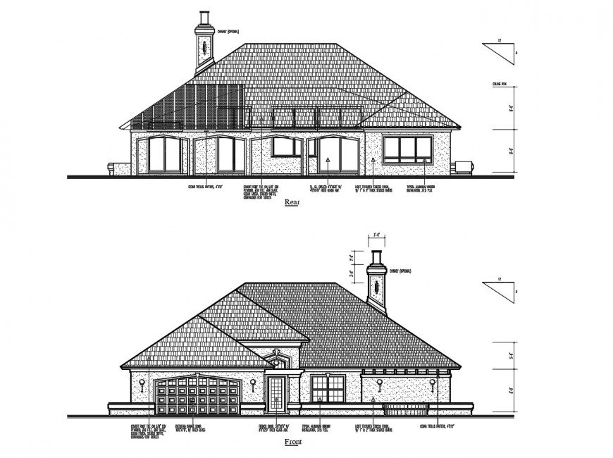 Front and rear side elevation details of cottage type house dwg file