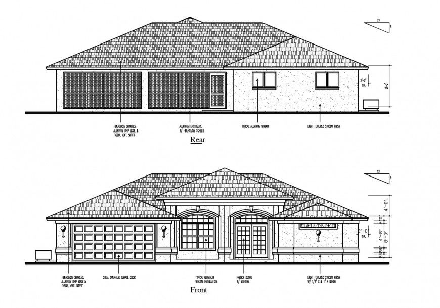 Front and rear side elevation details of one family house cad drawing details dwg file