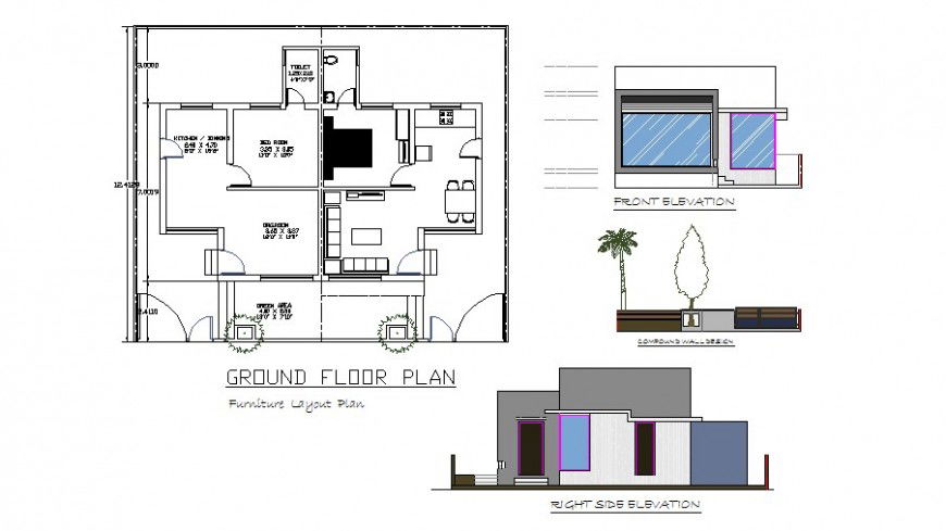 Front and right side elevation, ground wall and ground floor plan of house dwg file