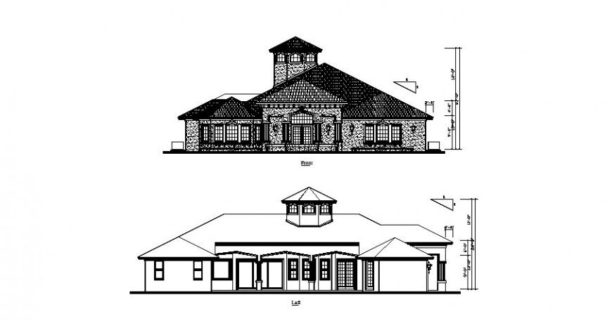 Front and right side elevation details of one family house cad drawing details dwg file