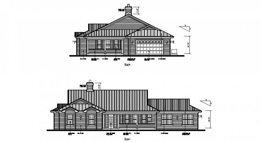 Front and right side elevation details of single story apartment dwg file