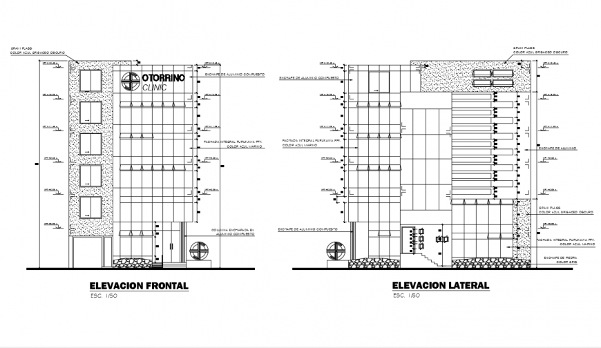 Front and side detail elevation of a Medical clinic DWG File