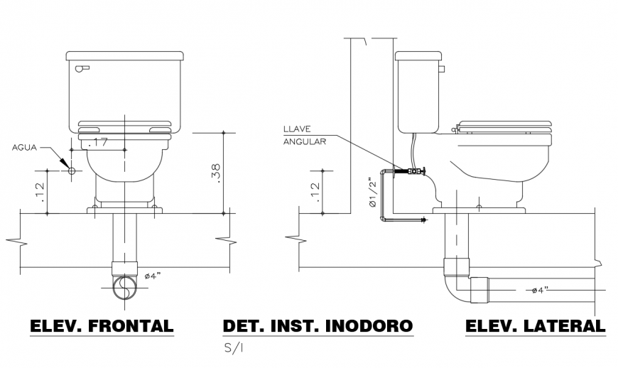 Front and side detail with water line of toilet design dwg file