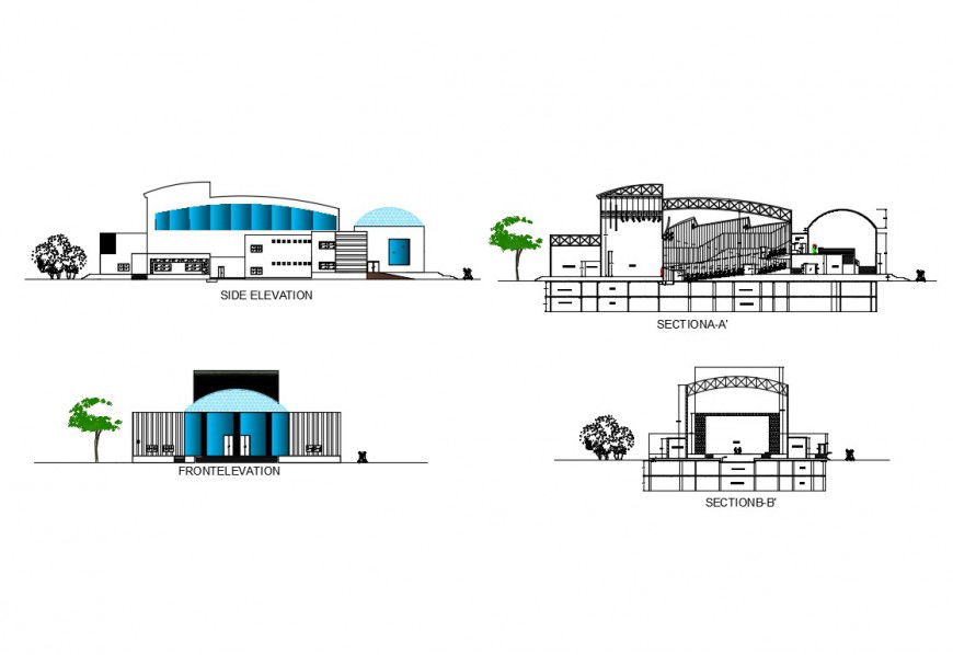 Front and side elevation and section details of civic center dwg file