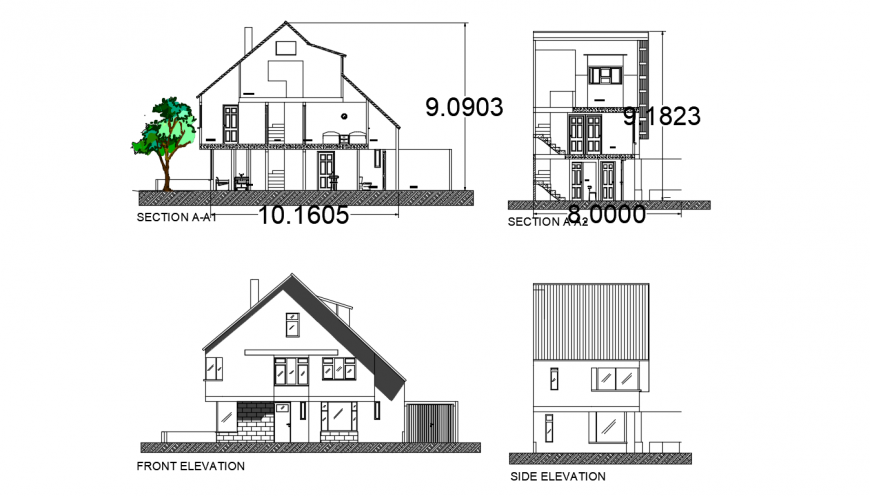 Front and side elevation and section details of roof house dwg file