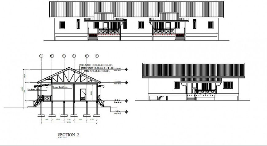 Front and side elevation and side sectional details of house dwg file