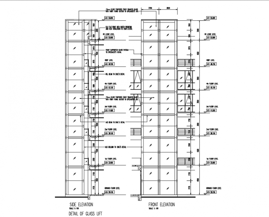 Front and side elevation details of glass lift elevators of building dwg file