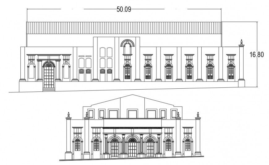 Front and side elevation details of multiplex theater dwg file