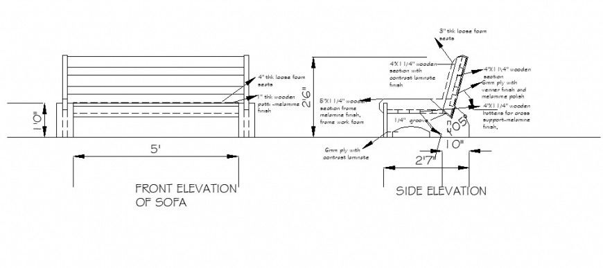 Front and Side Elevation Sofa Drawing CAD DWG File