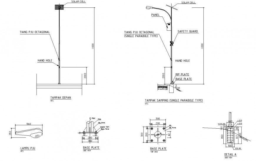 Front and side elevation drawing of pole in dwg file.