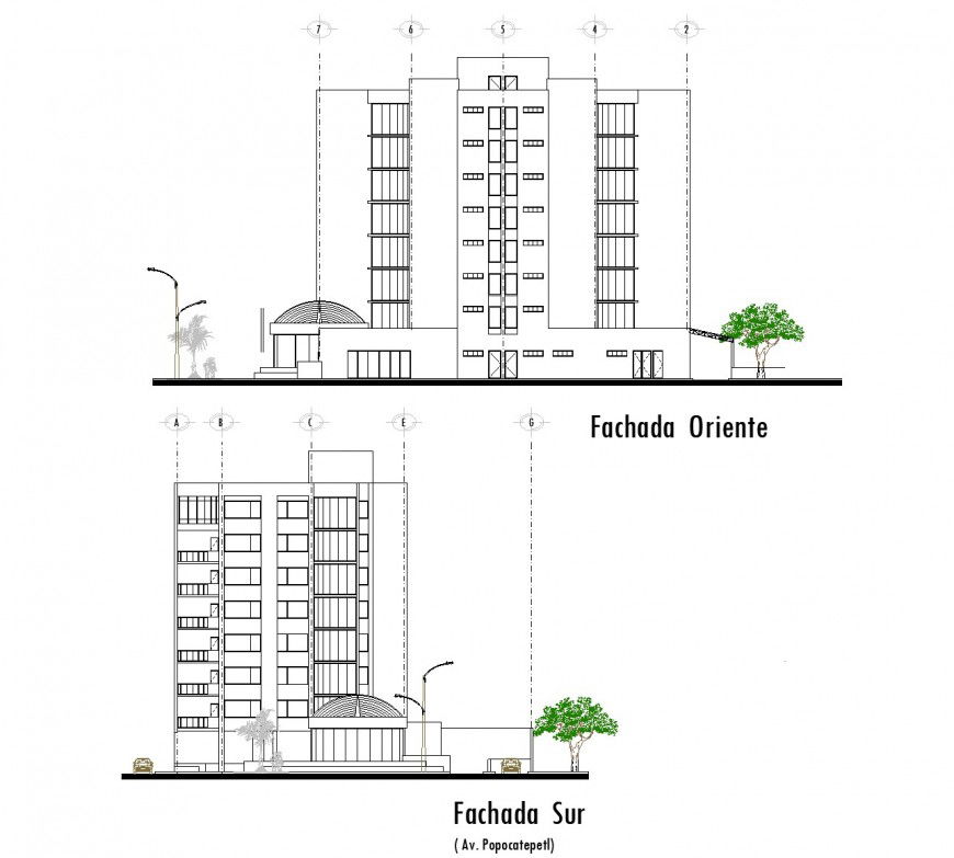 Front and side elevation high riser building dwg file