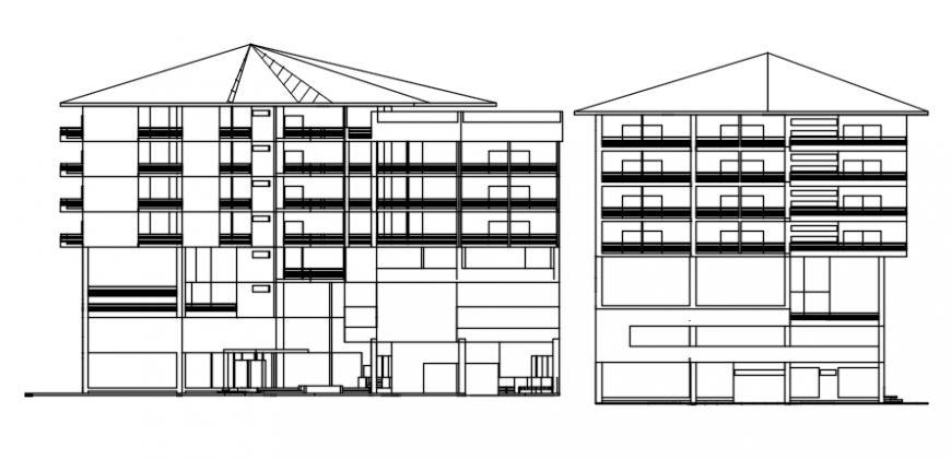 Front and side elevation of hotel auto cad file
