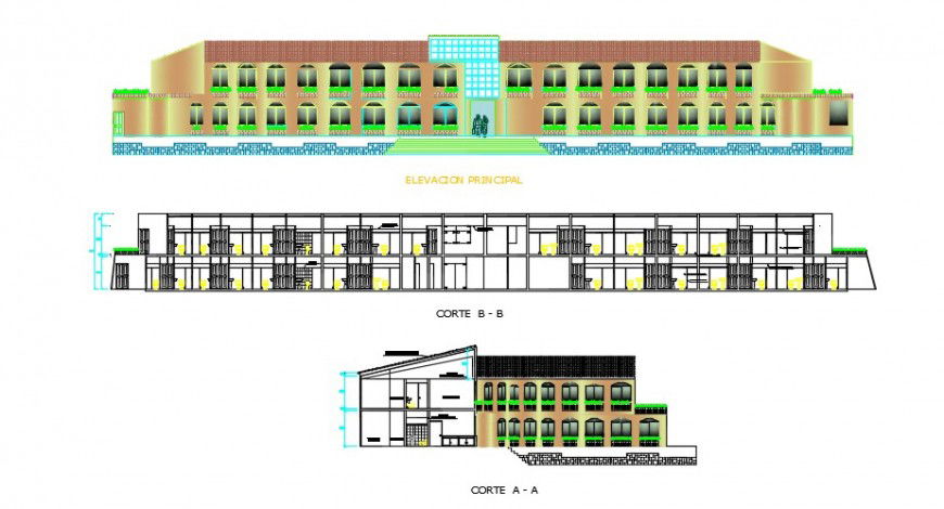 Front complete detailing of a sports center elevation detail dwg file
