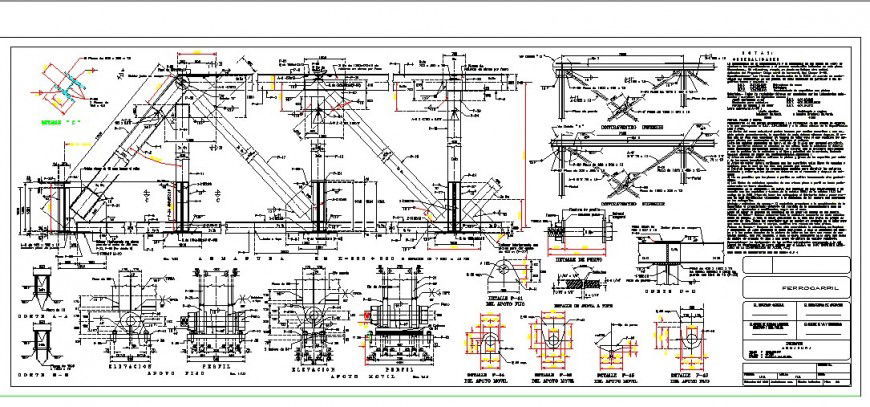 Front constructive section, footings and structure details of steel railway bridge dwg file