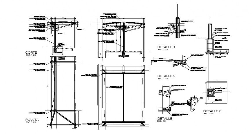 Front constructive section, plan and structure cad drawing details dwg file
