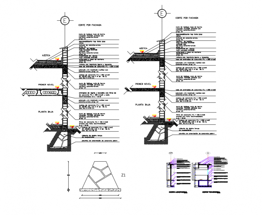 Front constructive section details of house building dwg file