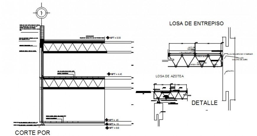 Front constructive section details of museum building dwg file
