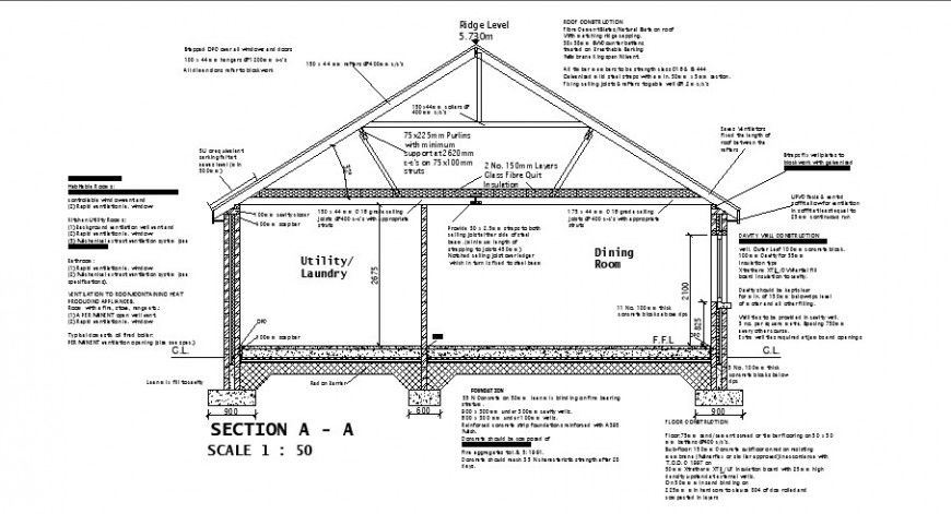 Front constructive section details of small family house dwg file