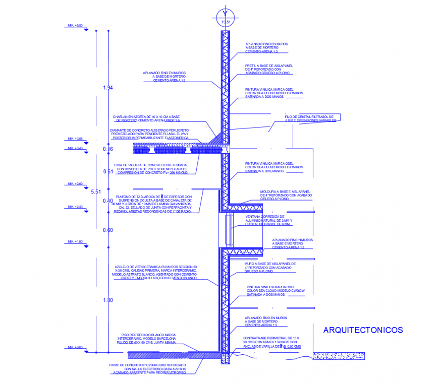 Front constructive section drawing details of building dwg file