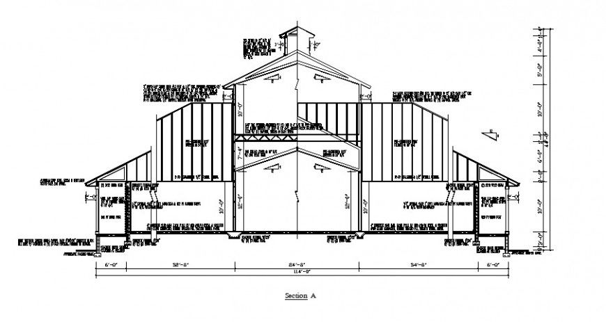 Front constructive section drawing details of roof house dwg file