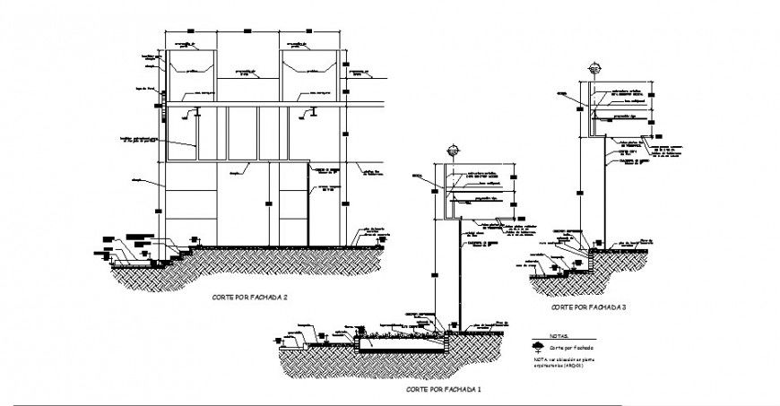Front constructive section drawing details with footings dwg file