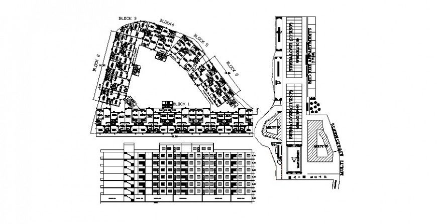 Front elevation, distribution plan and auto-cad drawing details of apartment building dwg file