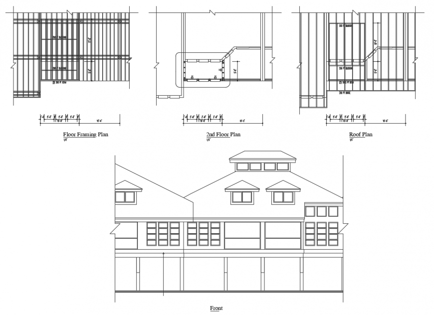 Front elevation, floor framing, roof and second floor plan cad drawing details dwg file