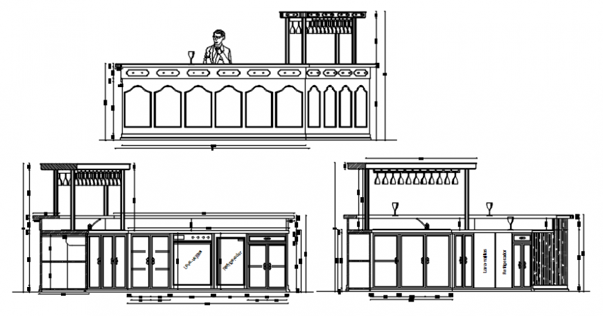 Front elevation and A and B elevation of bar in auto cad software