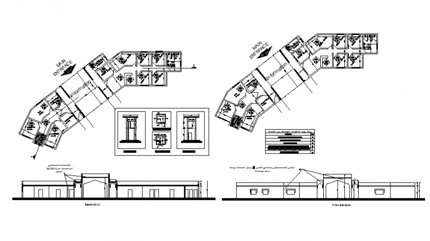 Front elevation and section details of office tower with floor plan details dwg file
