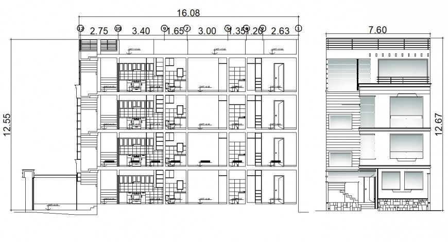 Front elevation and section details of residential apartment building dwg file