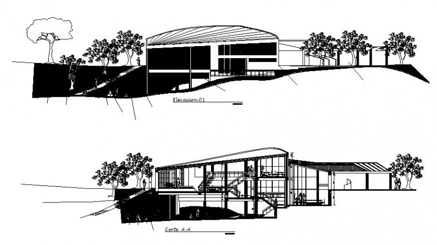 Front elevation and section details of restaurant on mountain dwg file