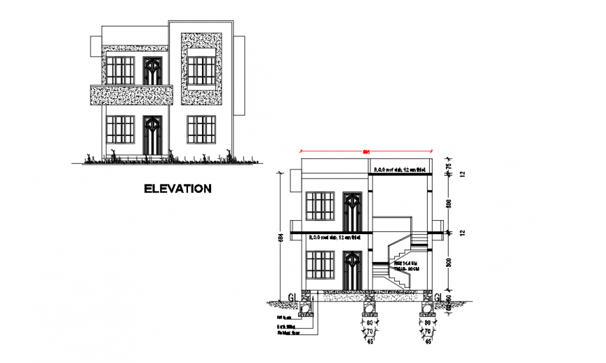 Front elevation and section details of two level residential house dwg file