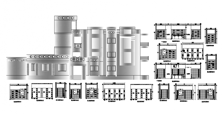 Front elevation and section hostel room detail dwg file