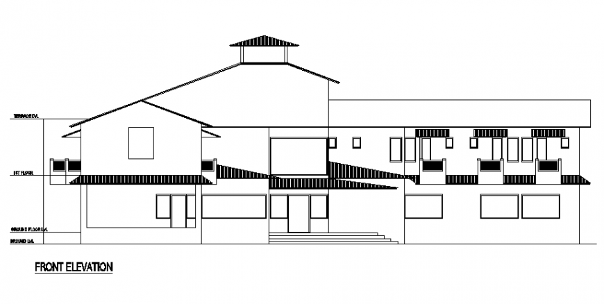 Front elevation club house plan detail dwg file