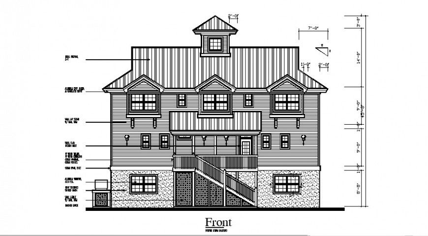 Front elevation details of three story one family house dwg file