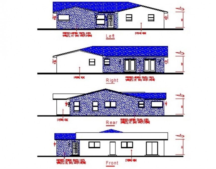Front elevation drawing of small house in dwg file.