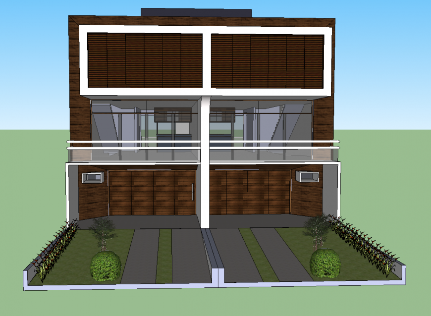 Front elevation of 3d triplex modern house model cad drawing details skp file