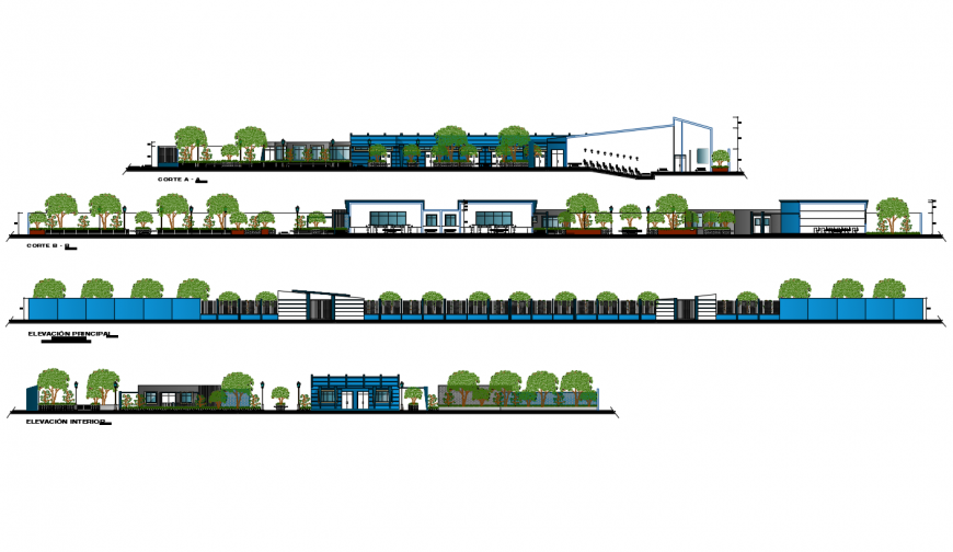 Front elevation of a Multiplex theater projects drawing dwg file