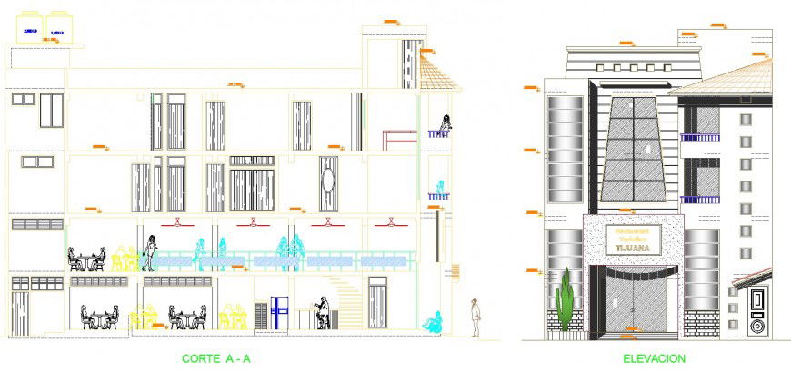 Front elevation of and section drawing of restaurant drawing in dwg file.
