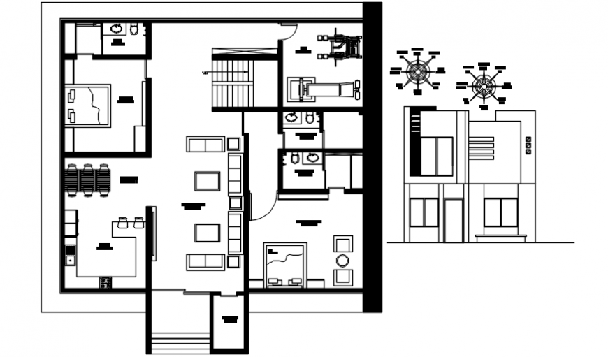 Front elevation of bungalow with its layout plan
